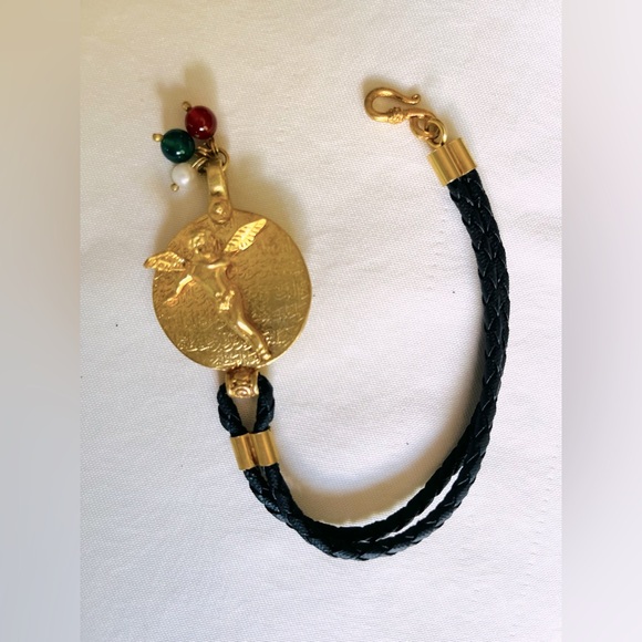 Black rope & gold tone real silver bracelet with beautiful baby cupid figurine - Picture 2 of 12